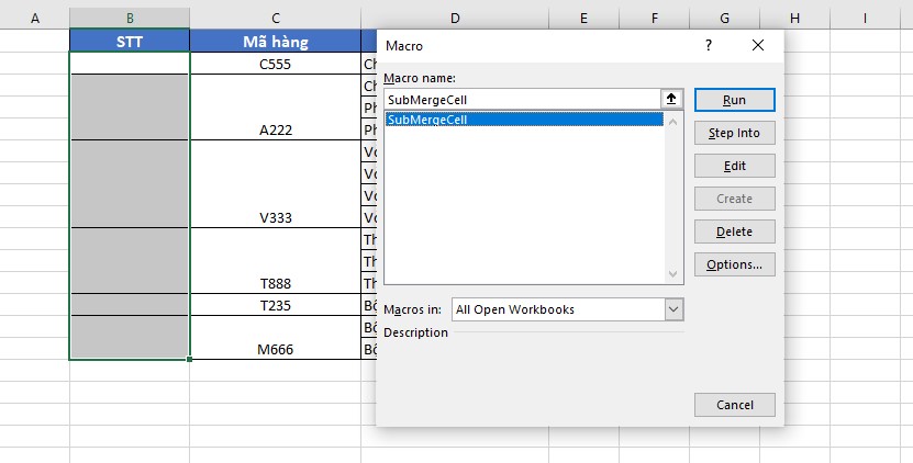 Khởi chạy code VBA để đánh số thứ tự khi gộp ô trong Excel
