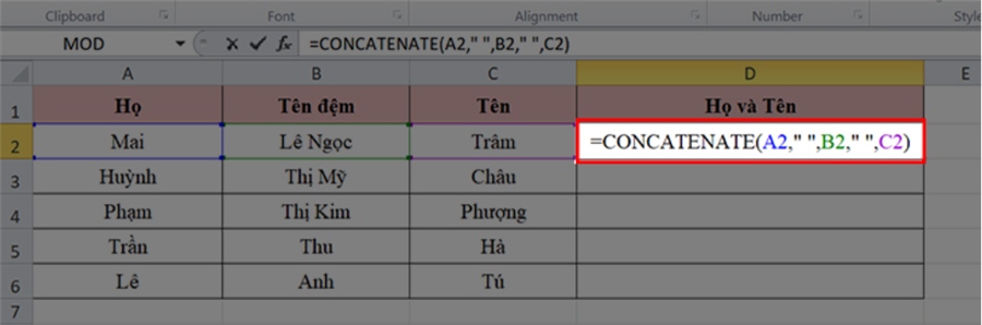 Cách ghép 2 ô thành 1 trong Excel bằng hàm CONCATENATE