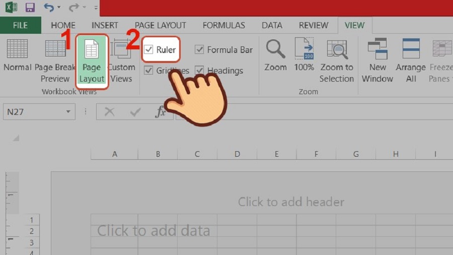 Cách hiện thanh Ruler trong Excel là chọn vào dấu tích