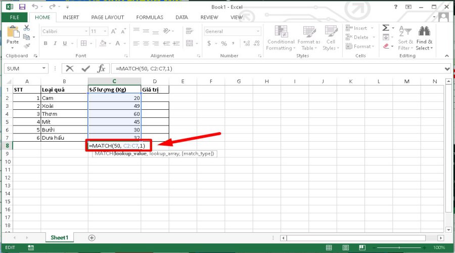 Hàm lấy giá trị của ô trong Excel - Hàm MATCH