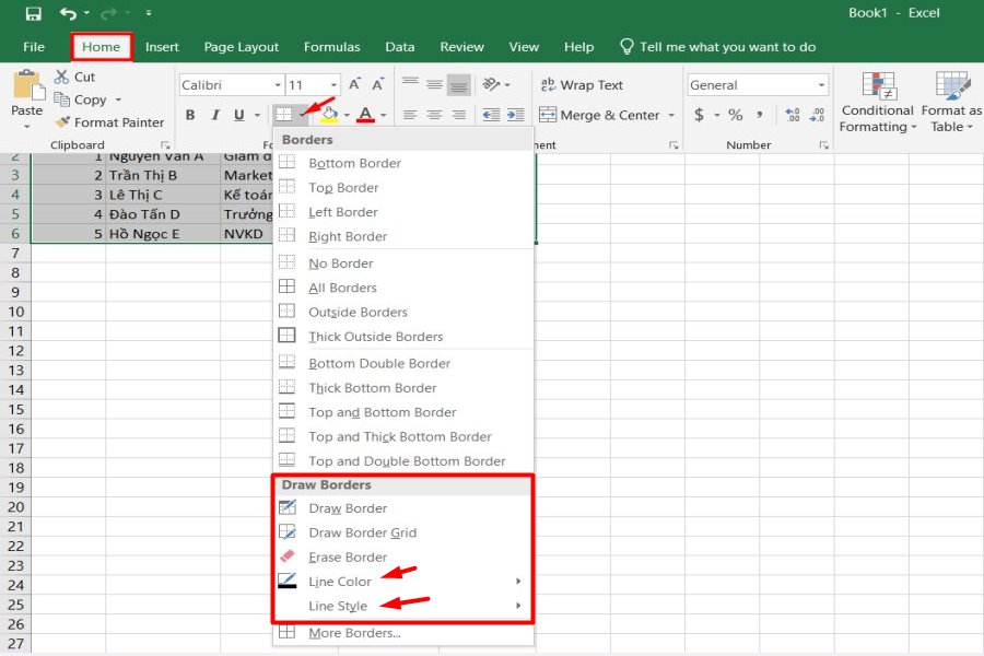 Cách tạo viền trong Excel bằng Draw Border