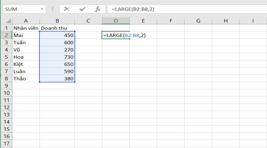 Cách tính max trong Excel bằng Hàm LARGE