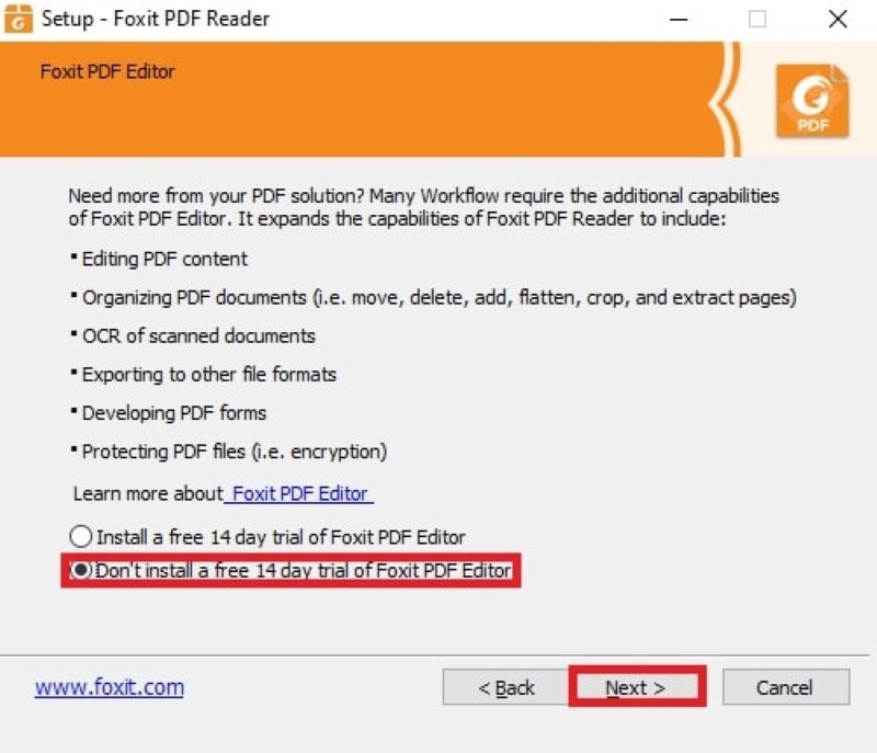 Chú ý khi cài đặt foxit reader full crack cần bỏ chọn bản dùng thử