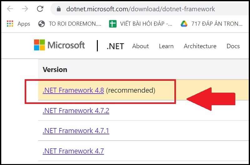 Chọn bản Framework mới nhất