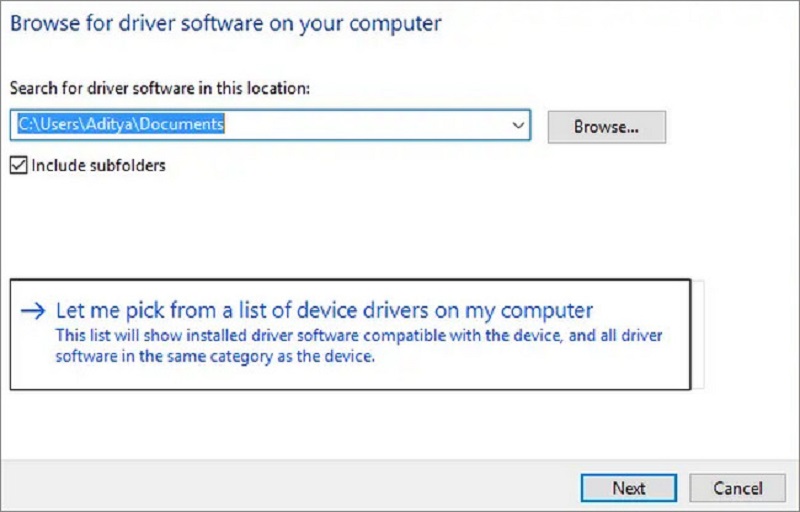 Chọn Let me pick from a list of device drivers on my computer