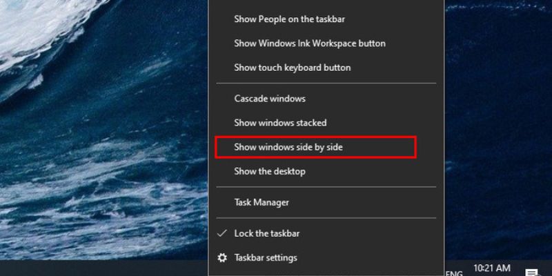 Chọn Show Windows side by side để điều chỉnh các ô cửa sổ về kích thước phù hợp