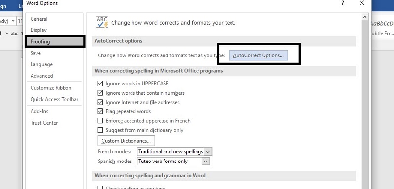 Chọn vào AutoCorrect Option