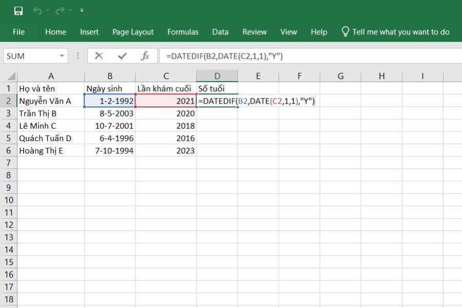 Công thức tính tuổi năm bất kỳ bằng hàm DATEDIF