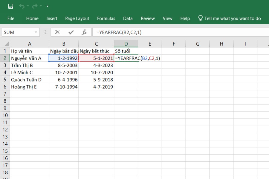 Công thức tính tuổi trong Excel hàm YEARFRAC