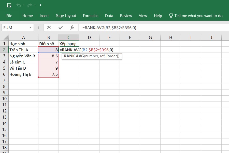 Công thức tính xếp hạng trong Excel - RANK.AVG