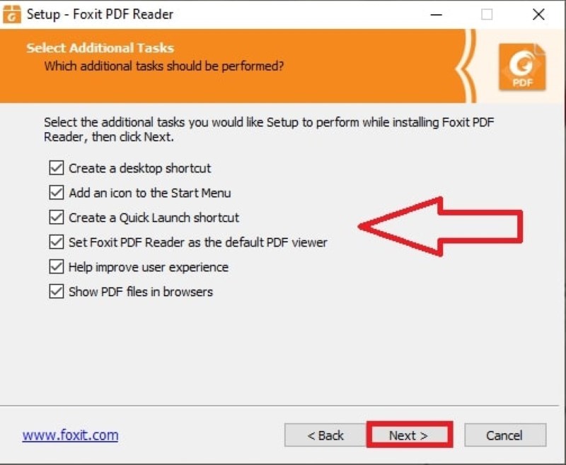 Nên chọn tất cả các lựa chọn trong cửa sổ Select Additional Tasks khi cài đặt Foxit Reader
