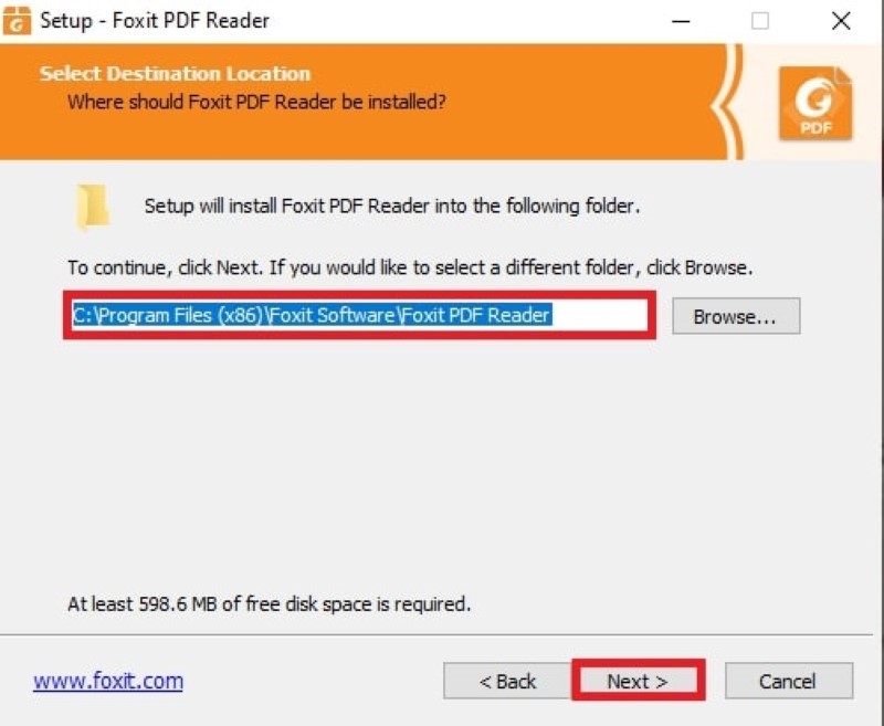 Chọn thư mục lưu phần mềm Foxit Reader trong cửa sổ select destination location