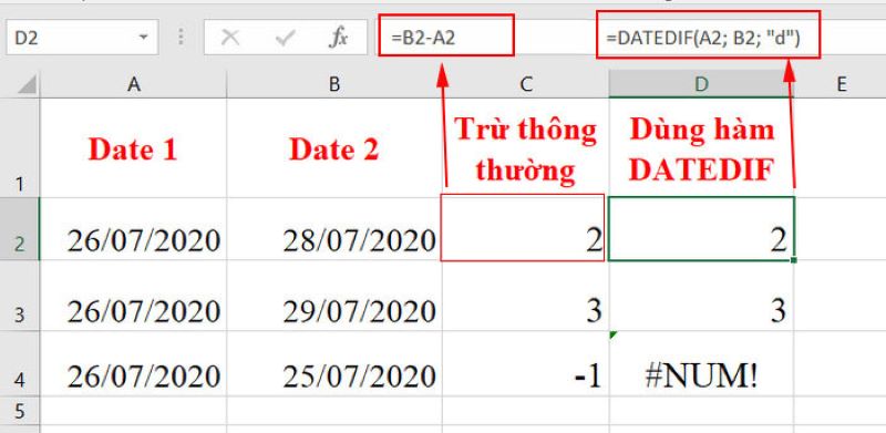 Công thức trừ ngày tháng năm trong Excel bằng hàm DATEDIF
