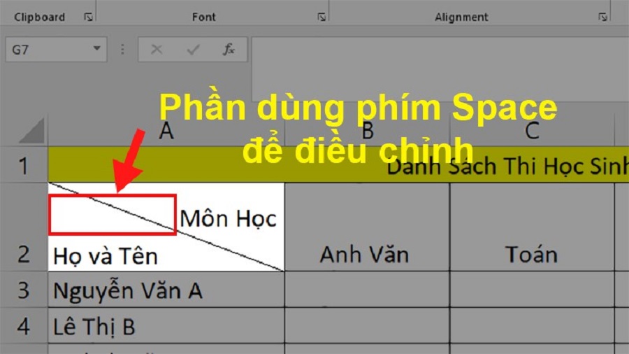 Sử dụng space để điều chỉnh ô gạch chéo trong Excel