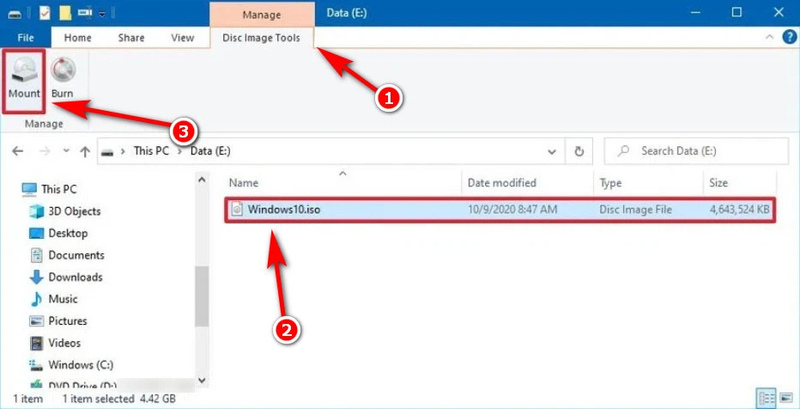 Gắn kết file ISO Win 10 