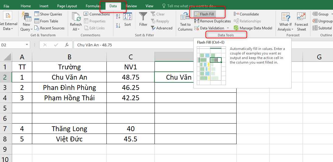 Sử dụng Flash Fill ghép nội dung 2 cột trong Excel