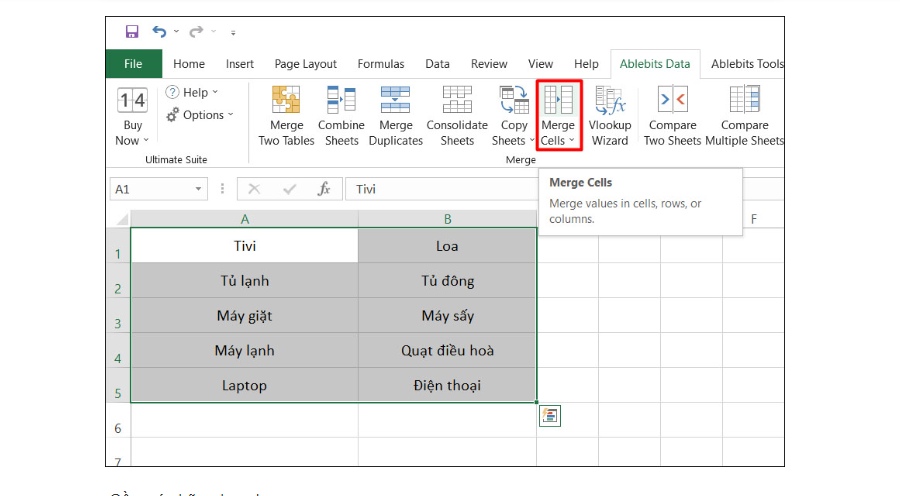 Sử dụng công cụ Merge Cells for Excel để ghép nội dung 2 ô