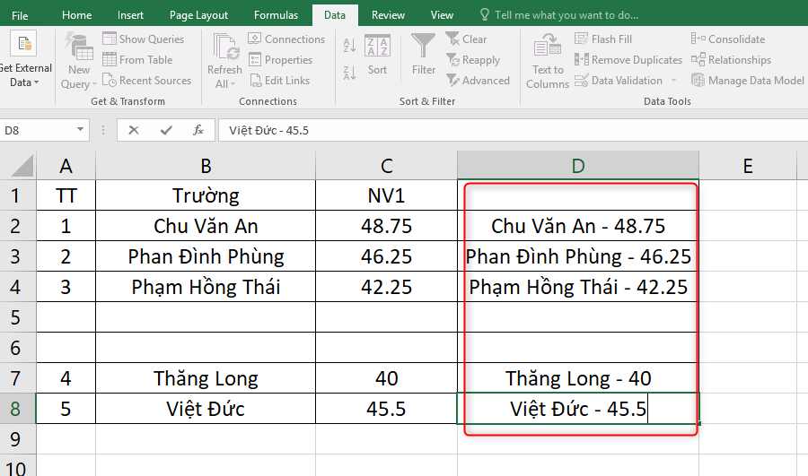 Kết quả sử dụng Flash Fill ghép nội dung 2 cột trong Excel