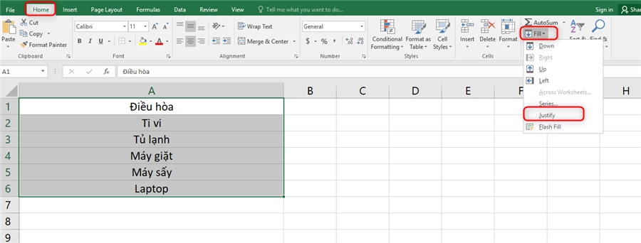 gộp nội dung 2 ô trong Excel bằng công cụ Justify