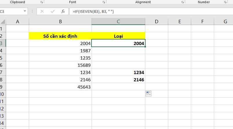 Sử dụng hàm IF và ISEVEN lọc số chẵn lẻ trong Excel