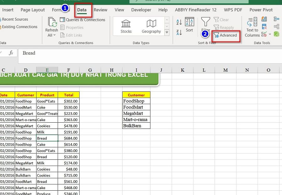 Sử dụng Advanced Filter để lọc giá trị duy nhất trong Excel