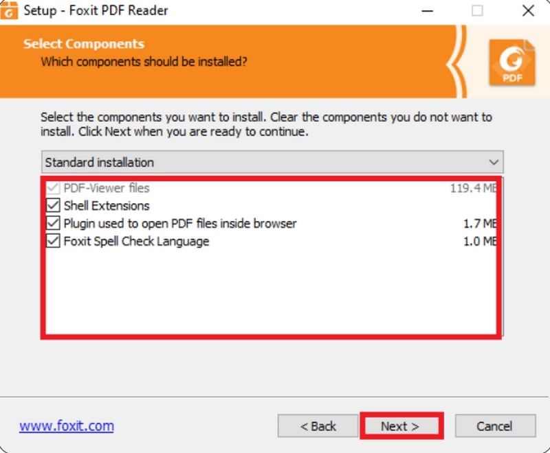 Chọn các tính năng muốn cài đặt trên Foxit Reader
