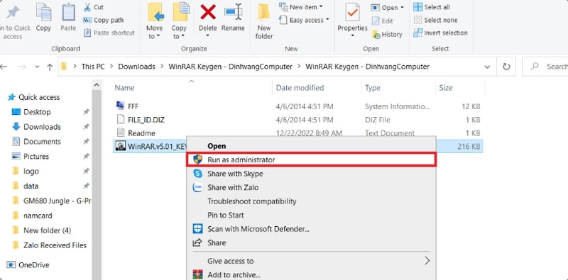 Mở file key WinRAR dưới quyền admin