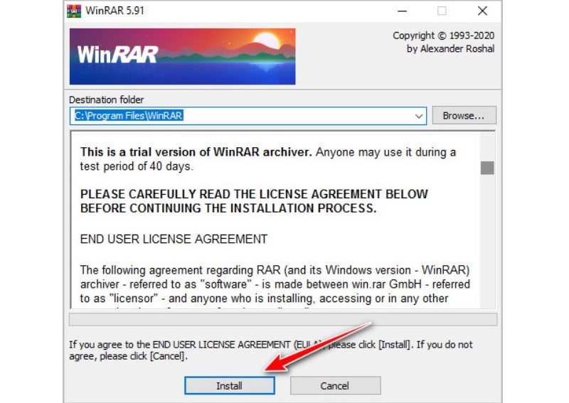 Nhấn Install để bắt đầu quá trình cài đặt WinRAR