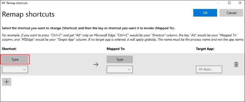 Nhấn Type tại Shortcut để thực hiện cách thay đổi phím tắt trong Win 10