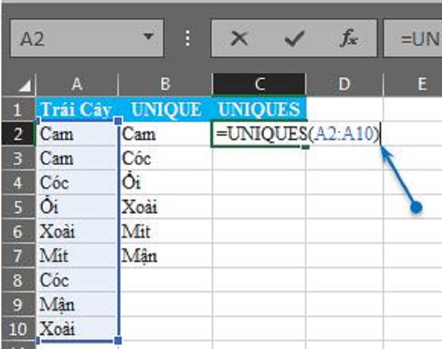 Nhập hàm lọc giá trị duy nhất trong Excel như bên trên