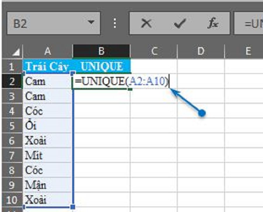 Sử dụng hàm UNIQUE để lọc giá trị duy nhất trong Excel