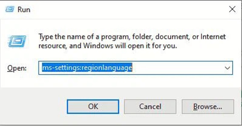 Nhập ms-settings:regionlanguage để mở tab Region & Language