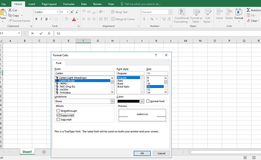 Sử dụng phím tắt viết số mũ trong Excel