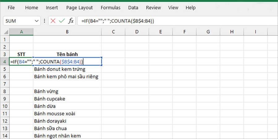 Sử dụng hàm IF và hàm COUNTA đánh số thứ tự trong Excel có điều kiện