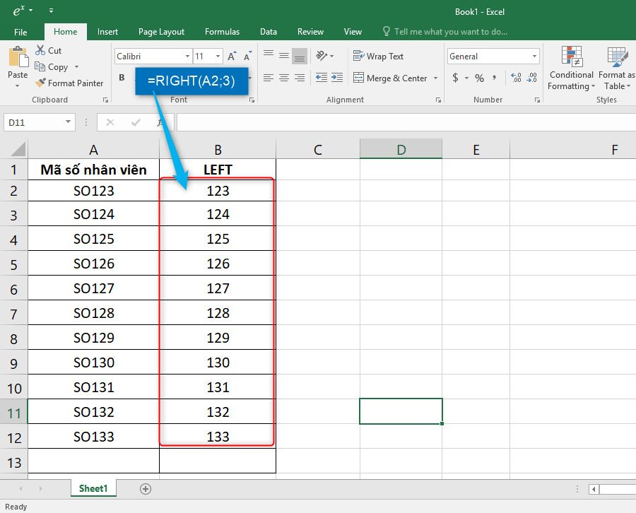 Kết quả tách chữ ra khỏi chuỗi trong Excel bằng hàm RIGHT