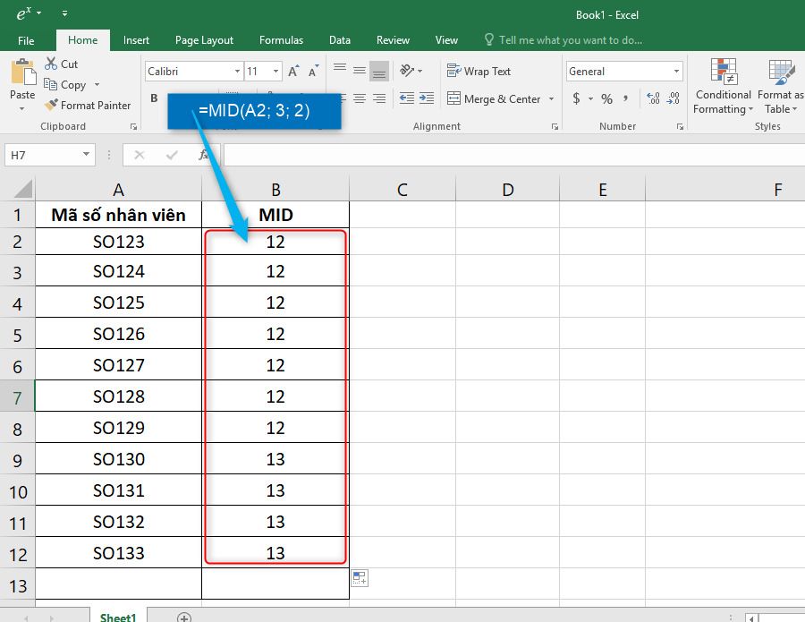 Kết quả tách chữ ra khỏi chuỗi trong Excel bằng hàm MID