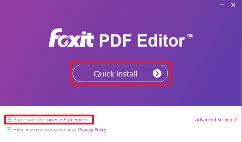 Chọn đồng ý các điều khoản và tiến hành cài đặt phần mềm Foxit PDF Editor