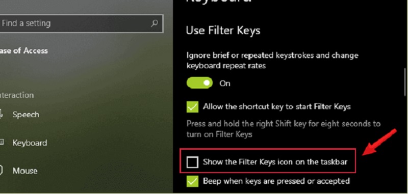 Tắt mục Show the Filter Keys icon on the taskbar để cài đặt