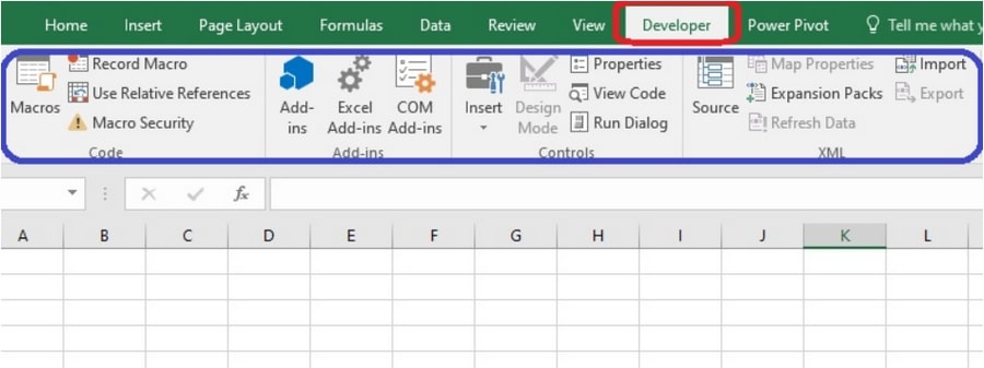 Thẻ Developer của thanh công cụ Excel