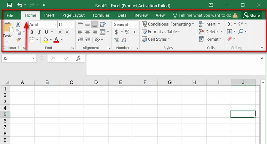 Thẻ Home trên thanh công cụ của Excel
