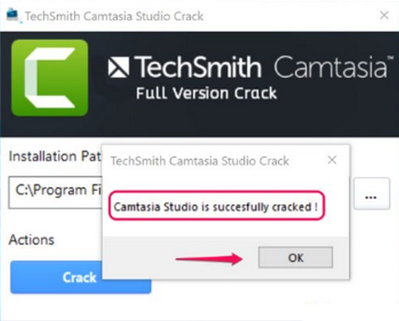 Thông báo quá trình crack phần mềm Camtasia 9 đã thành công