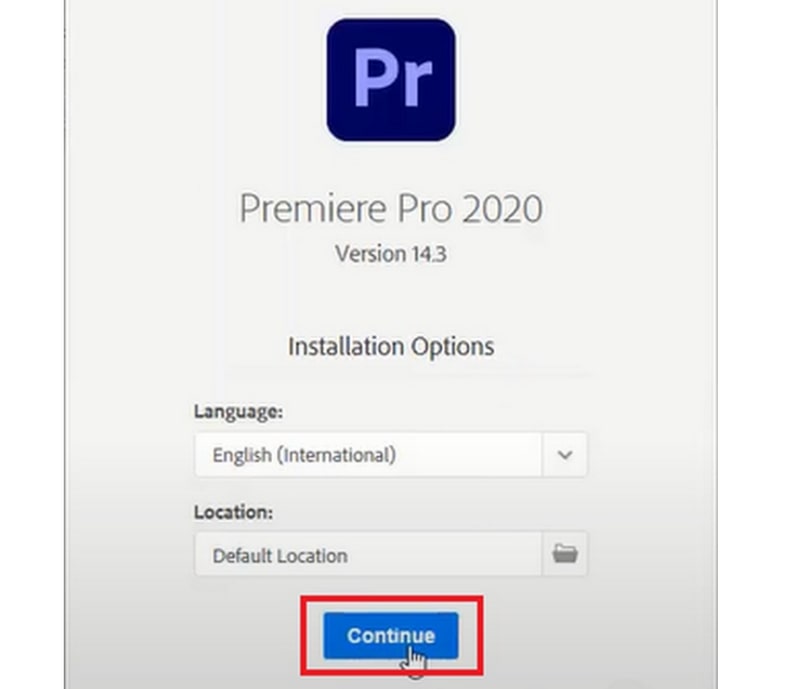 Nhấn Continue để tiếp tục quá trình tải Premiere Pro