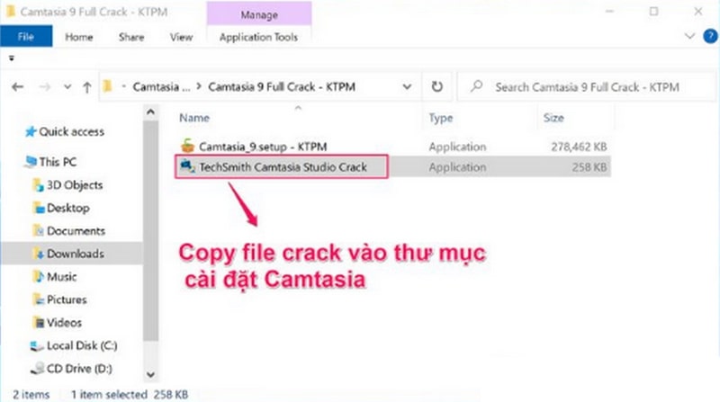 Tìm và copy file crack phần mềm Camtasia 9