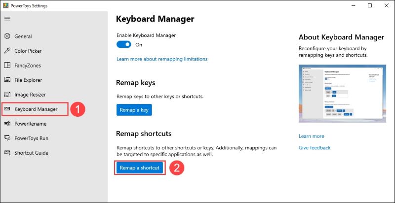 Vào Keyboard Manager và chọn Remap a shortcut